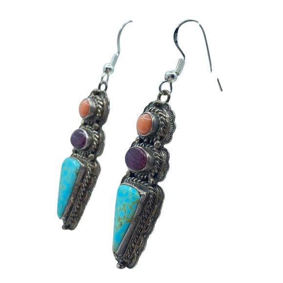 Sterling Silver 3 Stone Stamped Turquoise Coral Sugalite Dangle Earrings Native - Picture 4 of 10
